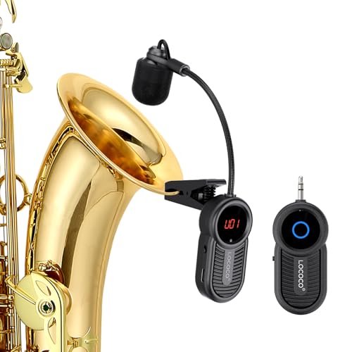 LOCOCO Micrófono Inalámbrico para Saxofón, Micrófono Inalámbrico UHF para Instrumentos Musicales, Receptor y Transmisor Inalámbricos Recargables, Apto para Saxofón, Trompeta y Trombón