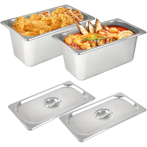 2 Pack Stainless Steam Hotel Pan with Lid, Steam Table Pan Restaurant Supplies Reusable Anti Rust Steam Pan Water Pan for Home, Party, Restaurant, Hotel, Buffet (1/3 Size x 6 Inch Deep)