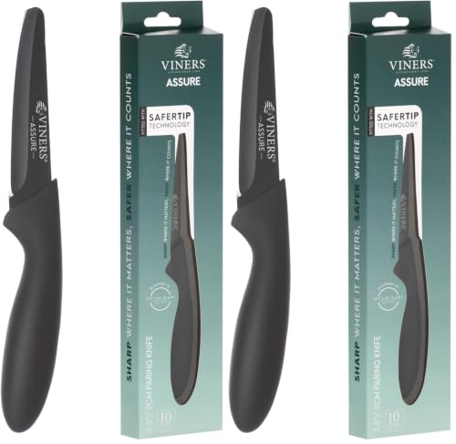 Image of Viners Assure 3.5” Stainless Steel Paring Soft Grip Handle Safety Kitchen Knife, Black (Pack of 2)