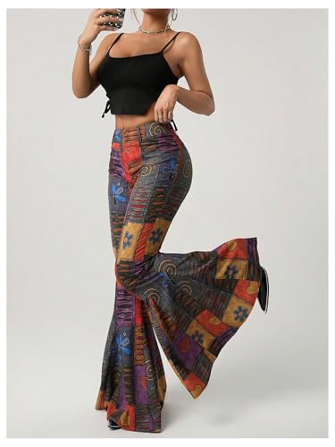 SOLY HUX Women's Retro Bell Bottom Pants High Waisted Printed Skinny Flare Leg Trousers4