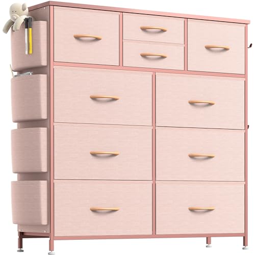 Image of Lulive 10 Drawers Pink Dresser for Bedroom, Chest of Drawers with Side Pockets and Hooks, PU Storage Dresser, Organizer Unit for Living Room, Hallway, Closet (Pink)