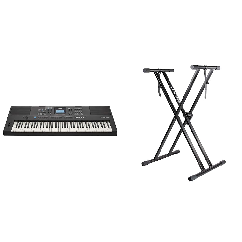 YamahaPSR-EW425 Digital Keyboard - Versatile, Portable & RockJam XX-363 Xfinity Doublebraced Pre Assembled Keyboard Stand with Locking Straps & Lessons.,Black