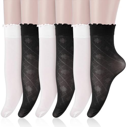 DIVINA VITAE 6 Pairs Sheer Socks Women Ankle Summer Ultra Thin Sheer Ruffle Socks Transparent Nylon Sock Soft Breathable Silk See Through Tulle Sock for Women Girl