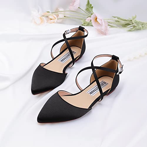 Image of ELEGANTPARK FC2322 Comfortable Satin Pointed Toe Flats for Women Ankle Straps Wedding Flats for Bride Shoes Evening Party Guest Shoes for Women Dressy Low Heel