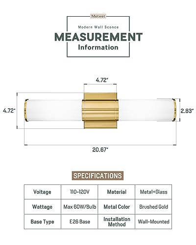 Image of Bathroom Light Fixtures Set of 2, 2 Light Vanity Lights for Mirror with Milk Glass Shade, Up and Down Wall Sconces for Bathroom Bedroom Hallway, Brushed Gold, VL834-BG-ML-2PK