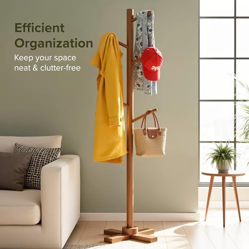 Image of Kuber Industries Wooden Freestanding Coat Hanger with 6 Hooks | Multipurpose Hanging Pole Rack Clothes Shelf | Ideal for Scarf, Bags & Hat | Brown