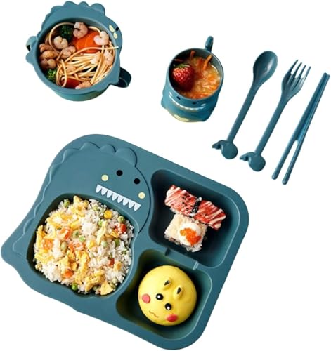食器セット 子供用 用ディナープレート 仕切り ランチディナー ボウル&箸皿 ディナー&皿 ベビー セット 子供用家庭用漫画 落下防止小分け 幼児用食器セット ディナー (グリーン)