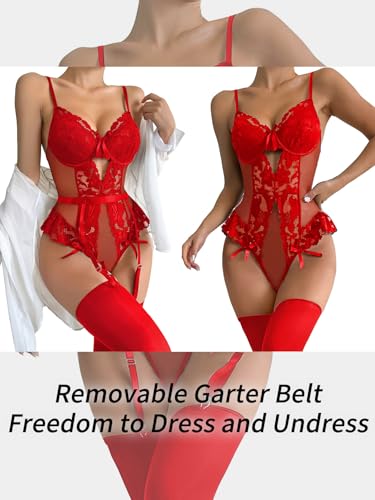 Image of Sexy Stocking Lace Mesh Bodysuit Top Underwire Garter Lingerie Set 3 Piece