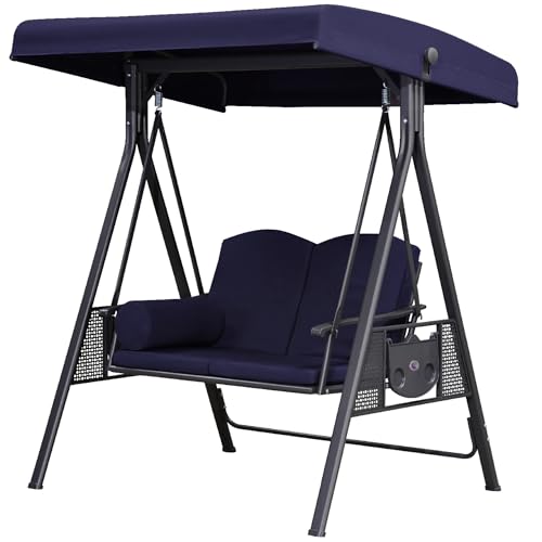 Image of PURPLE LEAF Outdoor Patio Porch Swing with Stand, 2-seat Swing Chair with Adjustable Tilt Canopy All-Weather Steel Frame for Backyard Front Porch Lawn, Cushions and Pillow Included, Navy Blue