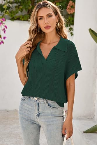 Cakulo Spring Summer Crochet Tops for Women 2025 Crop Knit Short Sleeve Polo V Neck Collared Hollow Out Sweater Top2