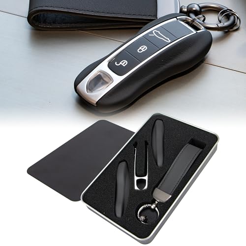 AeroBon Leather Key Fob Cover and Keychain Set Compatible with Porsche Cayenne Panamera 911 Taycan Smart Key Shell (MK2 Black)