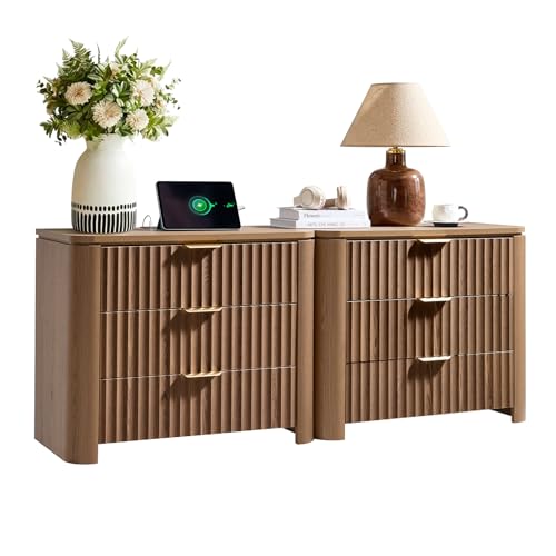NOWABAY Fluted 3 Drawers Nightstand Set of 2 Oversized Extra Large Modern Side Table with Charging Station End Table Bedside for Bedroom Hallway Office Curved Profile Design Brown