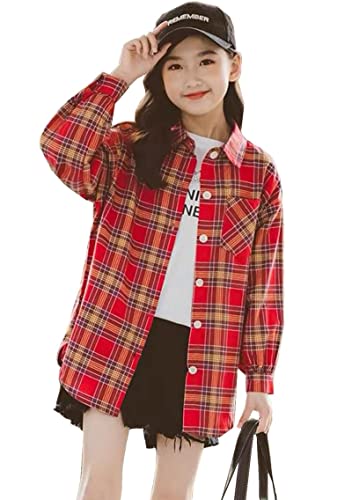 소녀 긴팔 셔츠 체크 무늬 주니어 블라우스 포멀 탑스 키즈 멋쟁이 스트리트 댄스웨어 통통 캐주얼 봄 가을 겨울 2 색 120-170 160 레드