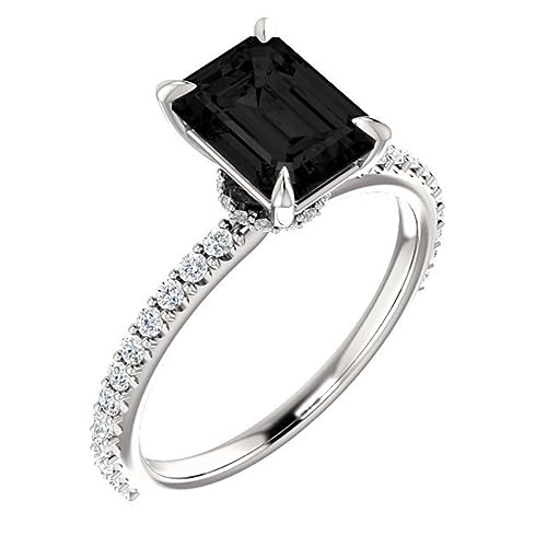 Hidden Halo Engagement Rings Victorian 2 CT Emerald Cut Black Diamond Rings Antique Vintage Black Onyx Ring Art Deco 925 Sterling Silver Wedding Rings Promise Gifts