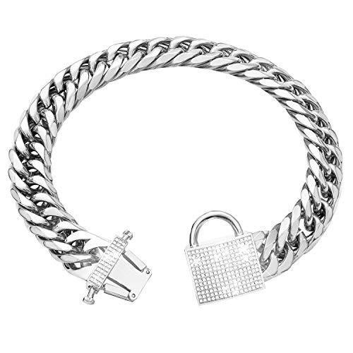 Pradog Silver Chain Dog Collar With Zirconia Buckle Stainless Steel Chain Collars Cuban Link Dog Collar Designer Bling Puppy Necklace (16Mm, 12") #TOP5