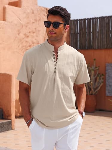 Puimentiua Men's Linen Shirts Short Sleeve Casual Henley Summer Beach Shirt for Men Lightweight Buttons2