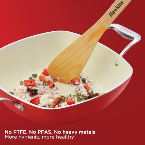 Image of Hawkins 3 Litre Que Cera Cera Kadhai with Glass Lid - Induction & GasSquircle Shape Kadai for Frying | Sauteing & Everyday Cooking | Red (ICQK30G)