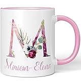 JUNIWORDS Tasse, Miriem-Elena, Name Anfangsbuchstabe Initial Alphabet Floral Buchstabe M Monogramm Motiv, Rosa (5529064)