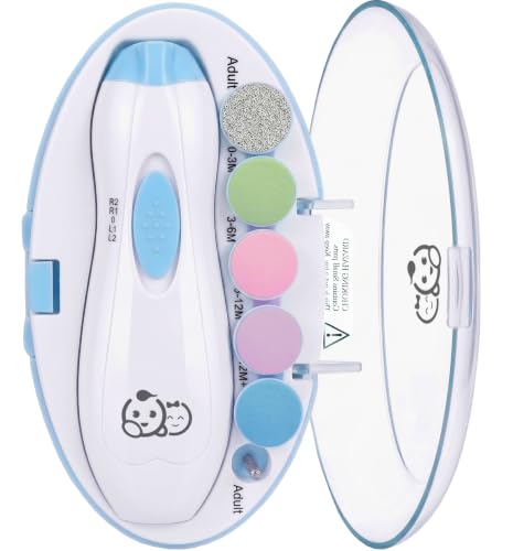 Royal Angels Verbesserter 6-in-1 Baby-Nageltrimmer mit beschriftetem Etui 4 farbige Pads für Neugeborene bis Kleinkinder Flüsterleise elektrische Nagelfeile LED-Licht Sicheres Maniküre(Babyblau)