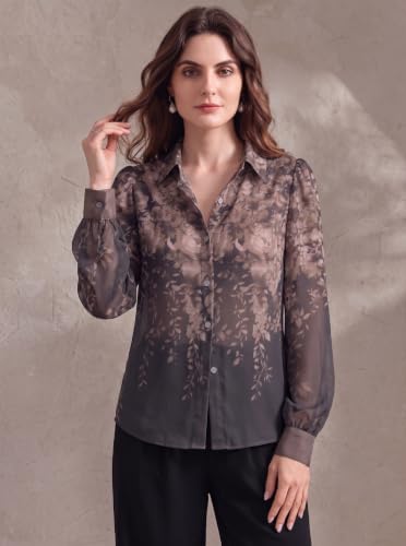 Image of Women Georgette Regular Fit Shirt || Women Top ||Autumn Leaves Print Polo Collar Shirt, Casual Long Sleeve (S-22-25)