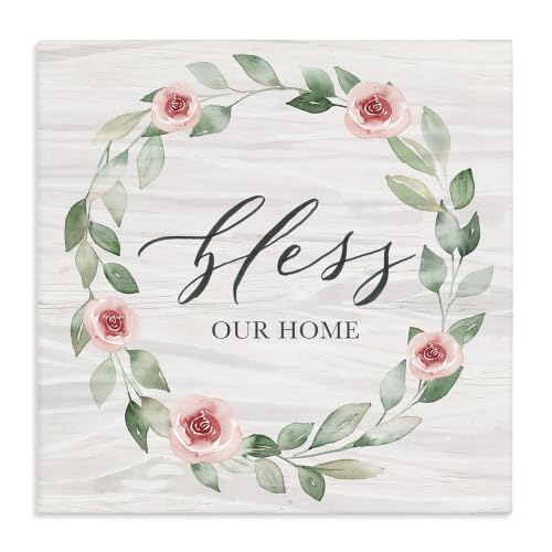 Stupell Industries Bless Our Home Family Phrase Simple Pink Rose Wreath, Design by Kristen Brockmon,Off-White, 17 x 17