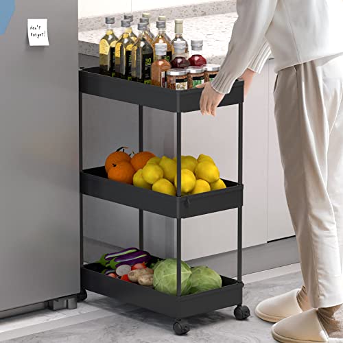 SPACEKEEPER Storage Trolley 3-Tier Rolling Utility Cart Slide Out Shelving Organization Shelf for Laundry Bathroom Kitchen with Small Containers & Hooks Black - Image 3