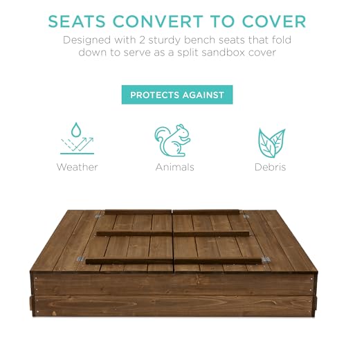 Image of Best Choice Products Large Outdoor Wooden Sand Box for Kids, Sandbox with Cover, Bench Seats Support up to 220 lbs, Bottom Liner for Drainage, Cedar Wood - Walnut