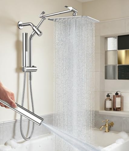 Veken All Metal 10' Shower Head with Handheld, Luxurious Square Double Rain Shower Heads,Power Wash Wand,Dual High Pressure Detachable Rainfall Showerhead with Spray Combo,Extension Arm,Chrome,Sliver