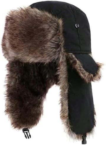 Hats, Winter Trapper Hat Warm Hats Faux Fur Warm Windproof Cap with Ear Flap for Skating Skiing Black