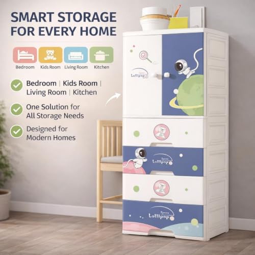 Image of Kids Plastic Collapsible Wardrobe Organizer for Storage with Drawers | Cute Cartoon Design | Heavy Duty Runner Rug Floor Mat Carpets Organizer Bedroom, Living Room (Sky-Blue, 1+3-Door)