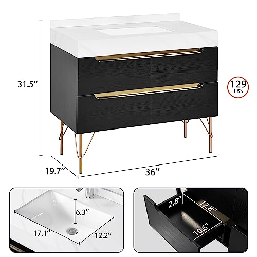 Hernest Bathroom Vanity With Sink 36 Inch Freestanding Bathroom Cabinet Storage Vanity With Rock Panel Tabletop, Glossy Ceramic Basin Sink And 4 Drawers For Washroom #TOP1