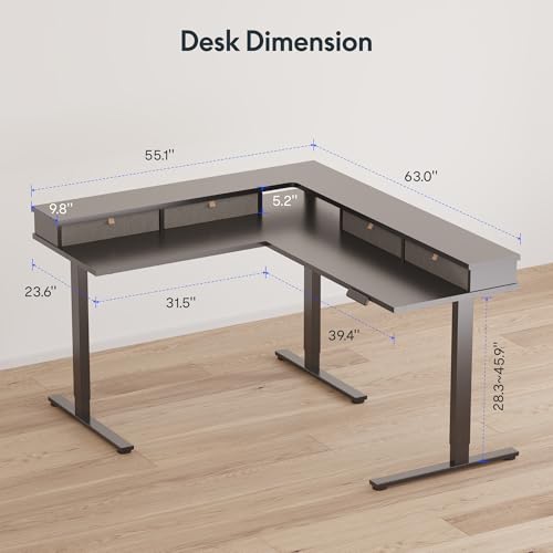 Image of FLEXISPOT 63 inch L Shaped Standing Desk Electric Corner Table with Monitor Shelf, 4 Storage Drawers, Adjustable Computer Workstation for Home, Office, Game, Studio, Black Top + Black Frame