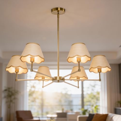 Image of Large Rattan Chandelier Boho Style, 6-Light Rattan Pendant Light Fixture for Living Room, 39 inchAdjustable Cottage Rattan Hanging Lamp Ceiling Light for Dining Kitchen Island, E12 Socket