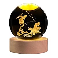 QIANCHANG 3D Laser Etched Pisces Crystal Ball with LED Light Stand, Constellation Decor Glass Sphere Lamp, Zodiac Astrology Birthday Gifts for Women Kids