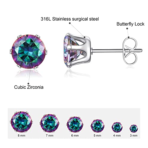 6 Pairs Stud Earrings Set,Clear Cubic Zirconia 316L Stainless Steel Earrings For Women For Men 3-8Mm Colorful Stone #TOP1