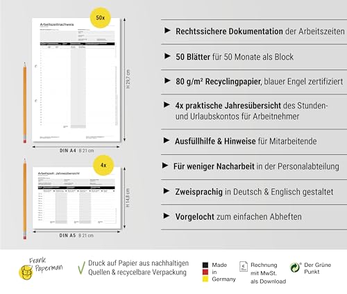 Frank Paperman® 1x Set 50x Arbeitszeitnachweis Block + 4x Jahresübersichten, Arbeitszeiterfassung für Kleinbetriebe – Stundenbuch für Arbeit A4, Rechtssichere Dokumentation DE&EN vorgelocht