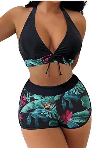 Women Two Piece Swimsuit Bathing Suits Floral Tropical High Waisted Beachwear Board Shorts Halter Tops