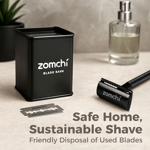 Image of ZOMCHI Razor Blade Bank for Used Double Edge Safety Razor Blades, Black | Metal Disposal Case With Slot Opening, Sealed Body, Compact Size, Helps Keep Used Blades Contained For Bathroom Or Travel