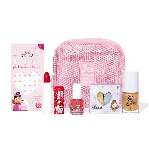 MISS NELLA Set Trucco per Bambini, 3 Varianti con Smalto Peel-Off, Glitter, Profumo, Balsamo Labbra, Ombretto, Adesivi per Unghie, Borsa Rosa a Rete, Età 3+, 17x14x6 cm (Goldie Boldie)