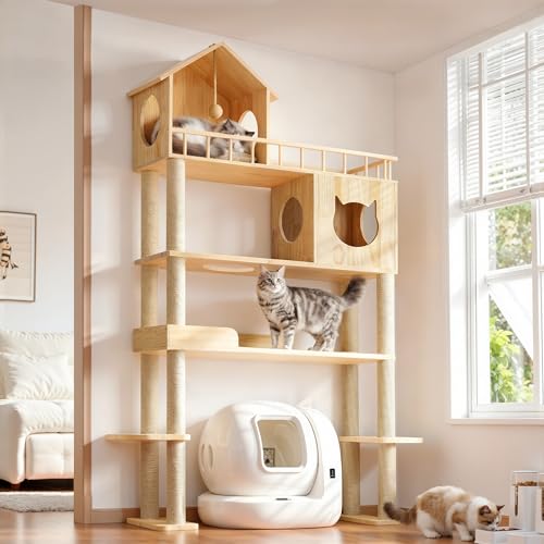 Torre para gatos de madera, 5 niveles, 74.4 pulgadas miniatura 1