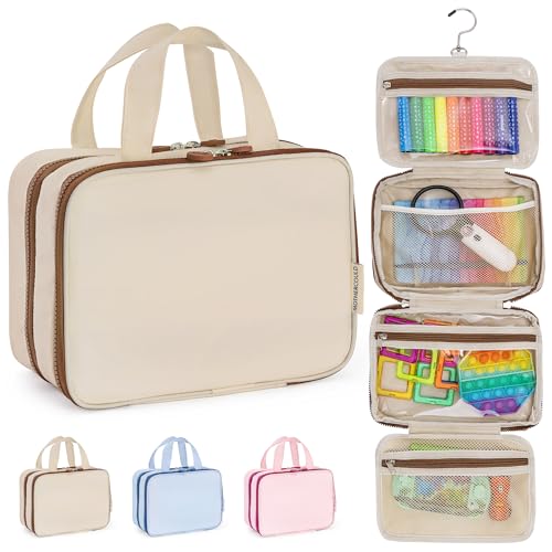 Kids Travel Organizer Multi-Compartment Water-Resistant Hanging Bag for Toys Snacks & Activities - Compact Lightweight Design with Hook & Carry Handle - Perfect for Travel Use (Beige Small)