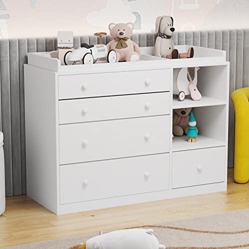 Image of ECACAD Modern Nursery Dresser Chest with 5 Drawers, 2 Open Shelves & Guard Table Top, Wood Dresser Storage Chest of Drawers for Bedroom, Hallway, White (47.2”W x 19.5”D x 36.1”H)