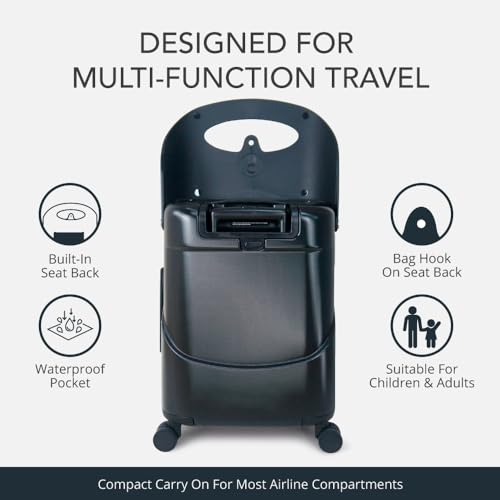 MiaMily 4-Wheel Carry On Luggage with Seat for Kids with Seat Belt, Waterproof Pocket, Adjustable Handle, and Hard Body with 43 Liter Capacity, Midnight Black3