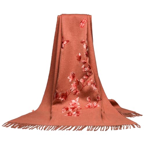 Écharpe longue brodée en laine marron X-Large 1167 chaude