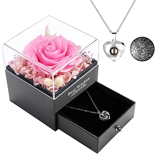 Mothers Day Rose Flower Gifts, I Love You Preserved Rose Necklace in 100 Languages Blessing Gifts - Anniversary Valentines Mothers Day Birthday Gifts, Eternal Roses Gifts for Mom Wife Girlfriend