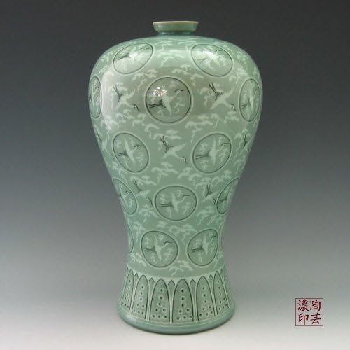 Korean Celadon Glaze Inlaid Clouds and Cranes Pattern Inlay Design Green Decorative Porcelain Ceramic Pottery Home Decor Accent Prunus Vase