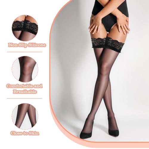 3 Pairs Women Thigh High Stockings, Anti-Slip Silicone Sheer Tights Lace Stocking Tights Silky Pantyhose for Women and Girls2
