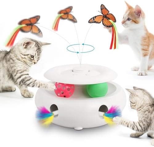 Cat Toys Interactive Cat Toy Automatic Cat Toys for Indoor Cats, 3-in-1 Electric Cat Toy USB Rechargeable, Ambush Feather, Fluttering Butterfly, Track Balls Kitten Toy Cat Exercise Toys