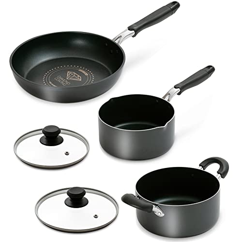 Iris Ohyama DCI-FP5S Frying Pan Set of 5, Single Handed Pot, Double Handed Pot with Lid, Glass Lid, Diamond Coated Set, Living Alone, For 2 People, Black