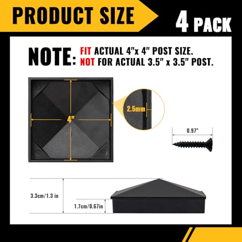 Image of VIVIDA 4 inch x 4 inch Aluminum Post Caps, Black Fence Cap ONLY for Actual 4 inch x 4 inch Wood Posts(NOT Fit Actual 3.5 inch x 3.5 inch Posts), Waterproof Matte Powder Coated, Screw & Driver Bit Included, 4 Pack